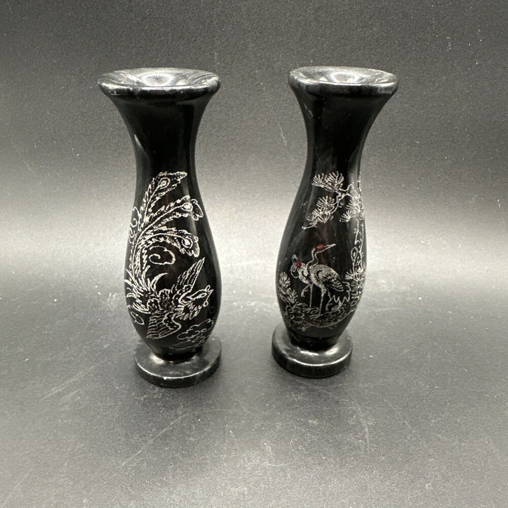 Smooth Gray Marbled Onyx Bud Vase Etched Floral With Birds Designs 4.5” Tall
